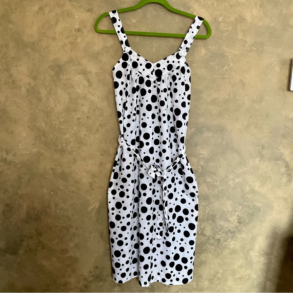 Vintage 80s Sanway Polka Dot Belted Bib Dress Black White M NWT